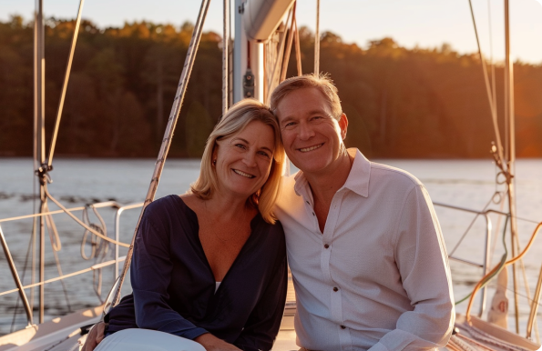 Couple smiling on a sailboat at sunset, enjoying their home.
